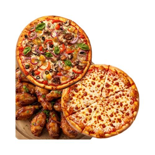 20 Pieces of Jumbo Chicken Wings with your Choice of 2 Pizza