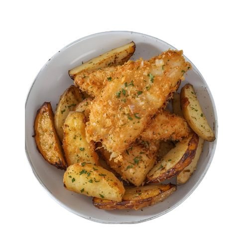 Fried Cod Fish (3 Pieces) with Potato Wedges