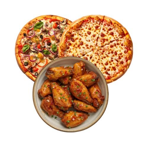 10 Pieces of Jumbo Chicken Wings with your Choice of 2 Pizza